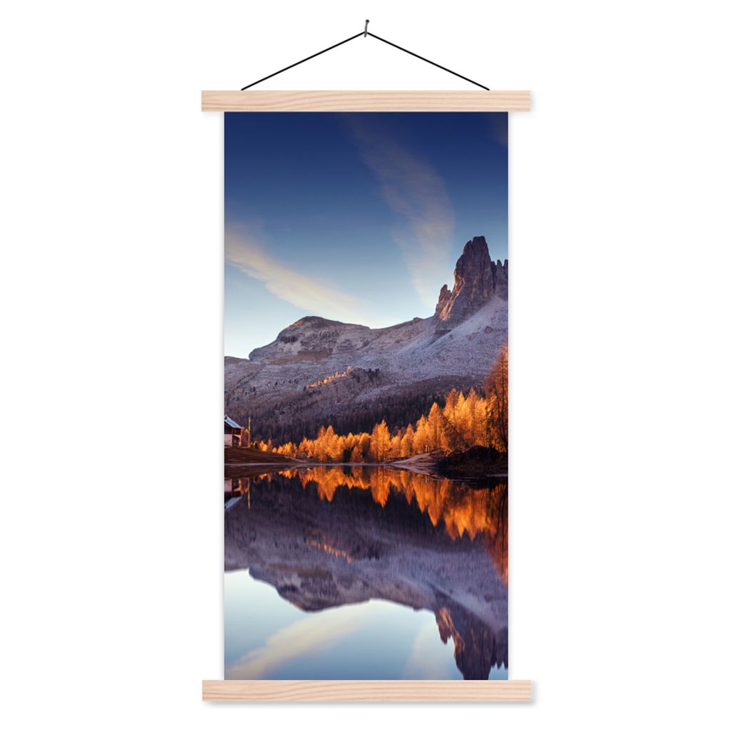 MuchoWow Textilposter Berge - Bäume - Herbst - See - Natur 60x120 cm mit holzfarbenen Rahmen - Holz