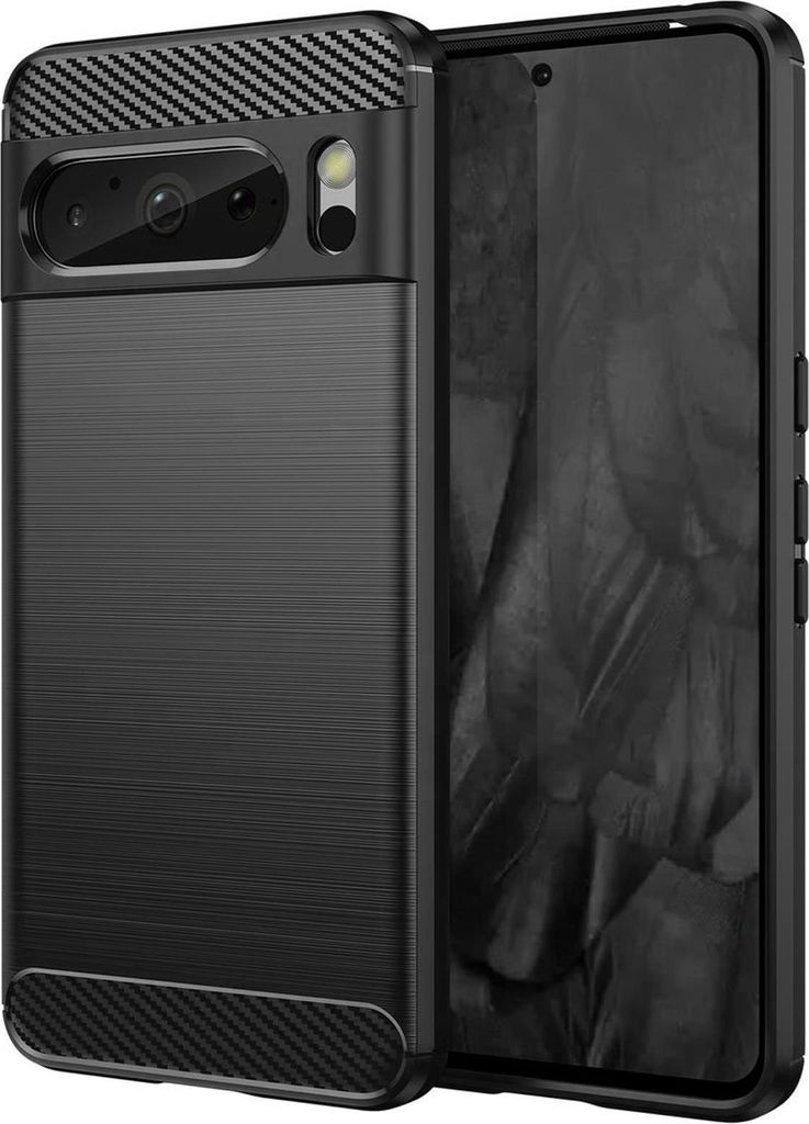 A black phone case with a carbon fiber texture on the top and bottom edges, shown next to a smartphone.