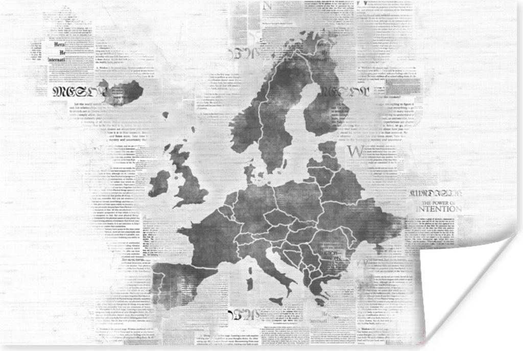 MuchoWow Poster Europakarte auf Zeitungspapier - schwarz und weiß 30x20 cm - Plakate - Print