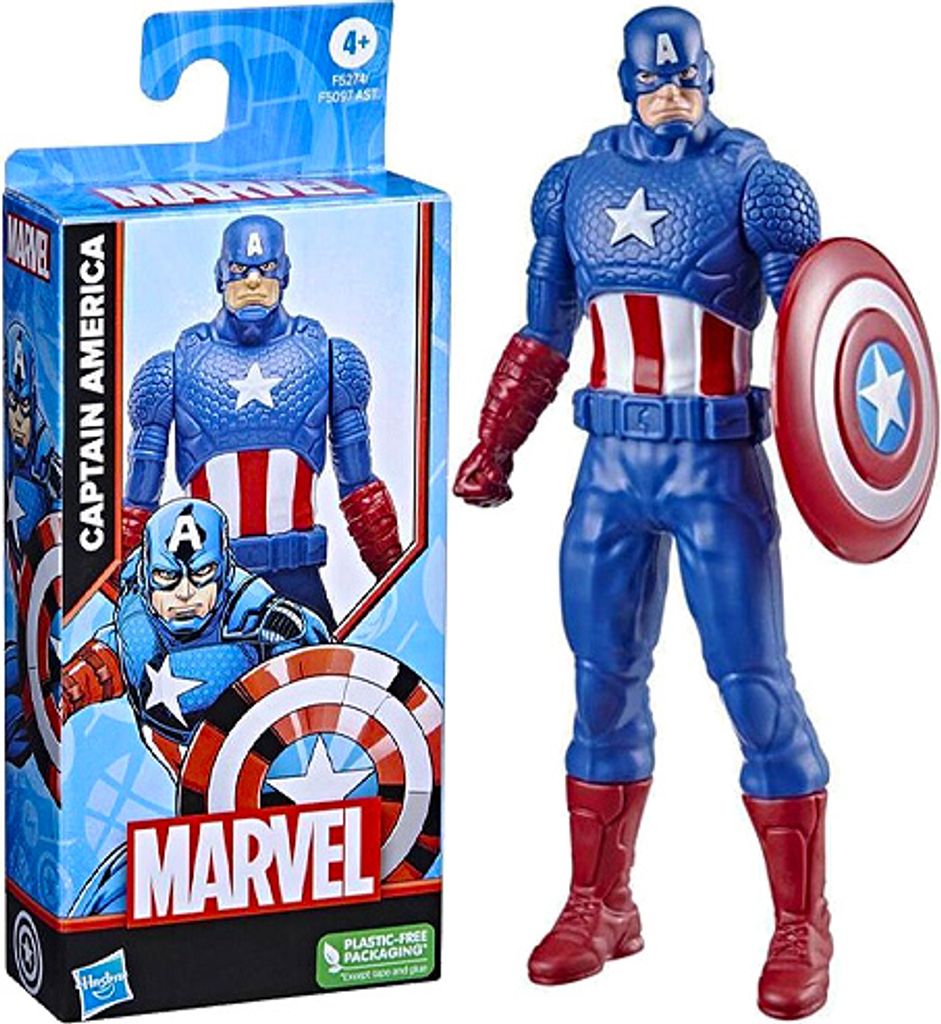 A Captain America action figure and its packaging.