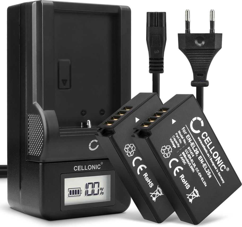 CELLONIC 2x Akku für Kamera Kompatibel mit Nikon CoolPix P1000, Coolpix A, CoolPix P950, EN-EL20a - (800mAh, 7.4V) + Ladegerät