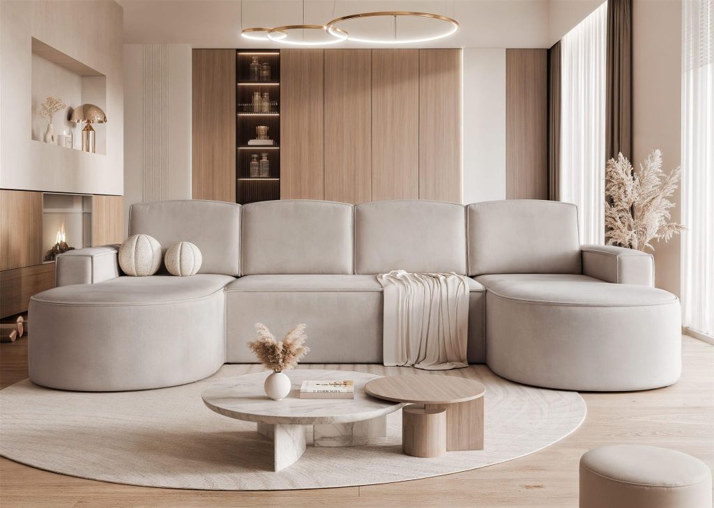 Wohnlandschaft mit Schlaffunktion Sofa ARLET in Stoff Riviera Hellbeige