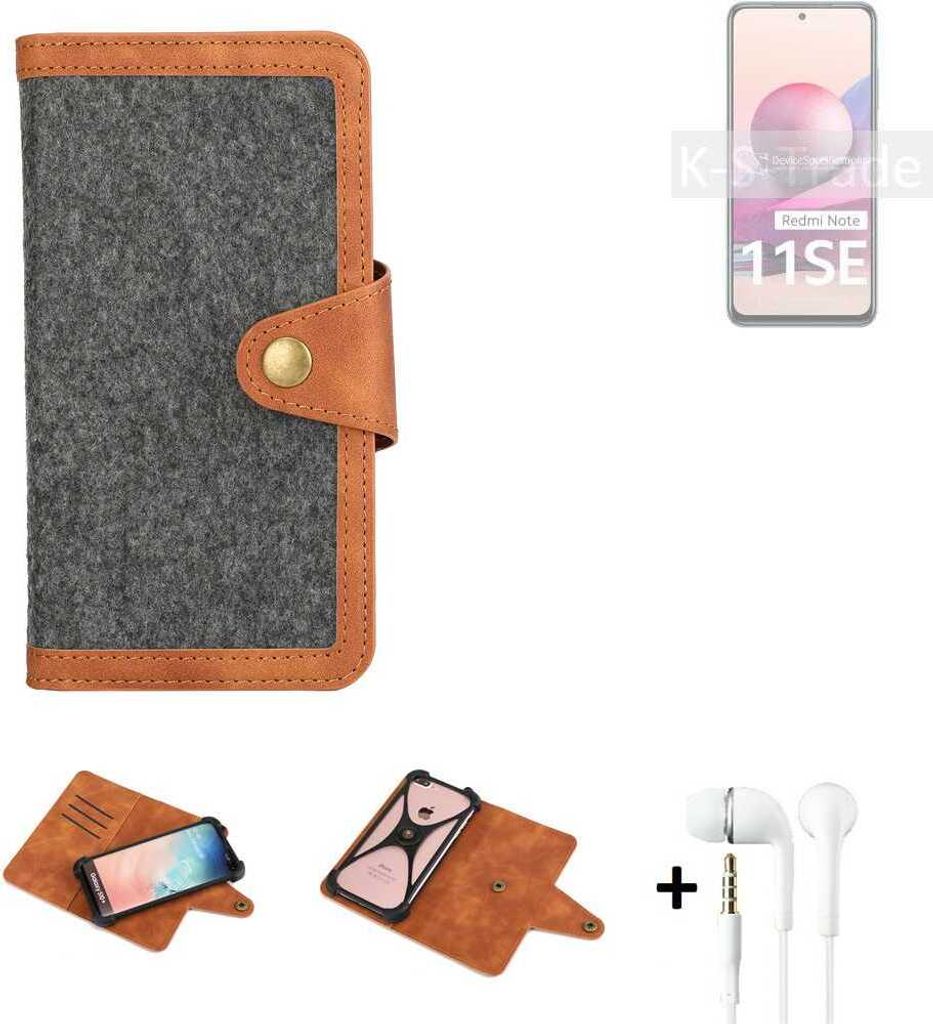 K-S-Trade Handyhülle + Kopfhörer kompatibel mit Xiaomi Redmi Note 11SE India Schutzhülle Filzhülle Kunstleder dunkelgrau braun (1x)