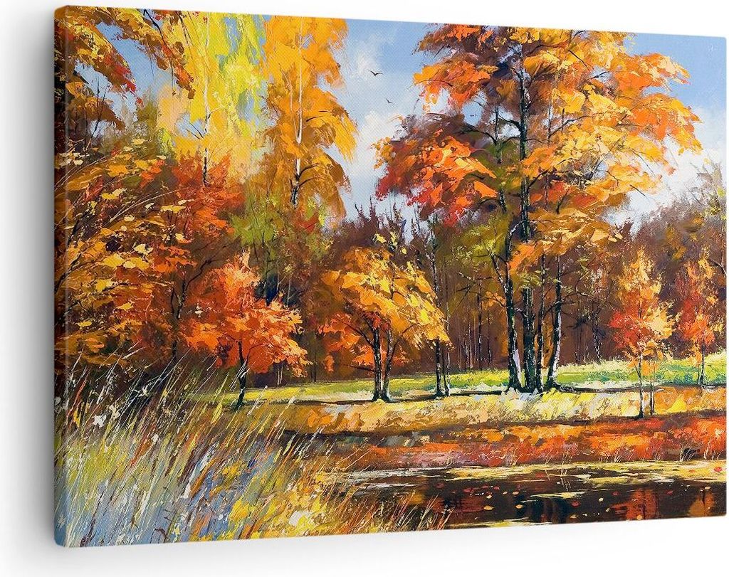 Bild auf Leinwand - Leinwandbild - Park Herbst Wasser - 70x50cm - Wand Bild - Wanddeko - Wandbilder - Leinwanddruck - Bilder - Kunstdruck - Wanddek...