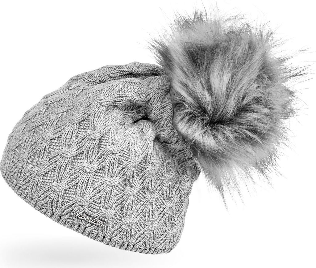 Warme Strickmütze Damen Wintermütze Bommelmütze Zopfmuster gefüttert mit Bommel Neverless Hellgrau unisize