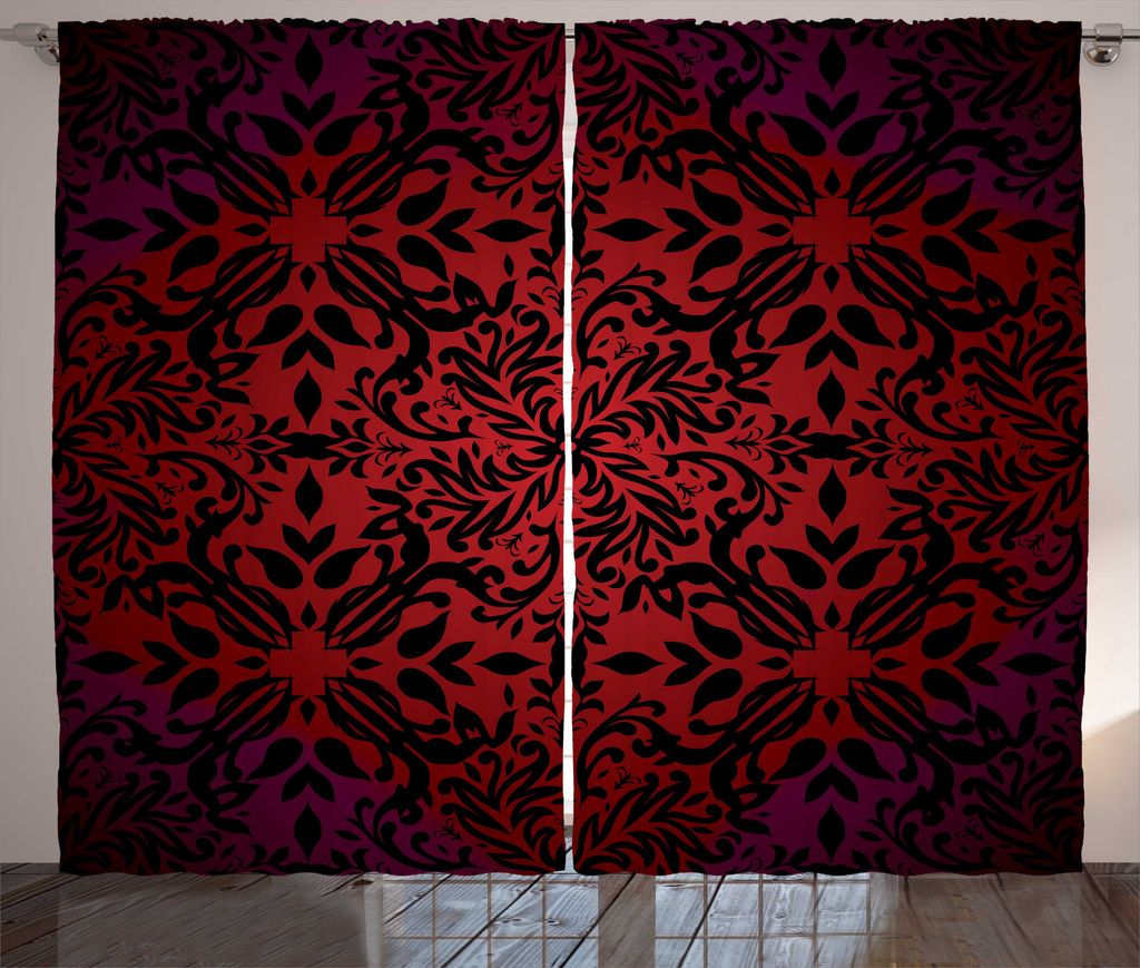 ABAKUHAUS rot schwarz Rustikaler Vorhang, Orient Blumen Blätter, Wohnzimmer Universalband Gardinen mit Schlaufen und Haken, 280 x 175 cm, Vermilio...