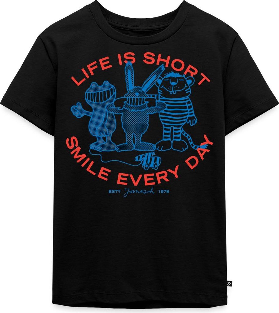 Spreadshirt Janosch Charaktere Life Is Short Smile Every Day Kinder Premium T-Shirt, 110/116 (4 Jahre), Schwarz