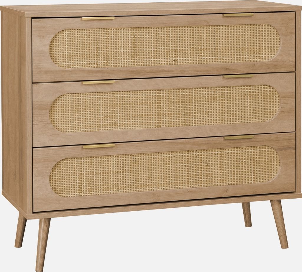 A three-drawer chest with a wood-like finish and rattan drawer fronts, shown against a white background.