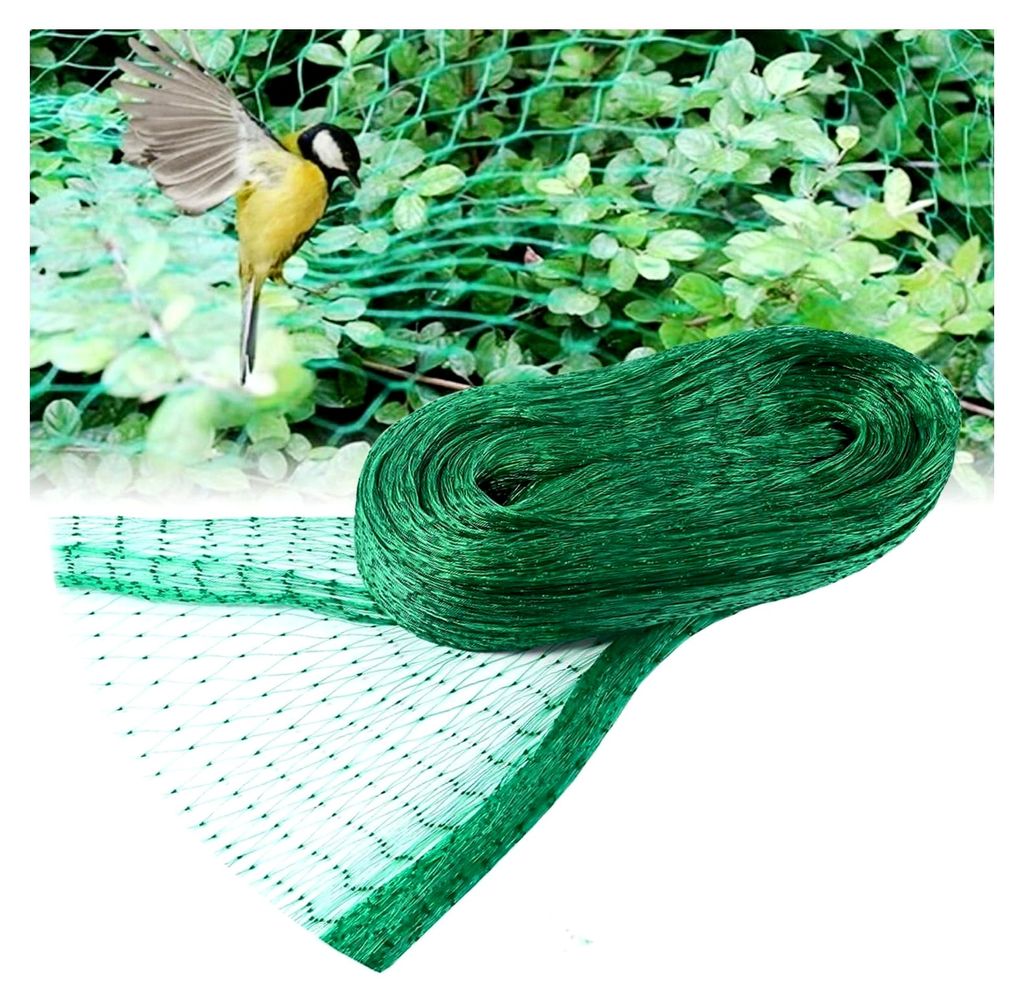 Vogelschutznetz, 6m x 10m, Grünes Gartennetz mit 15mm Maschenweite, Polyethylen Schutznetz für Obstbäume und Beeren
