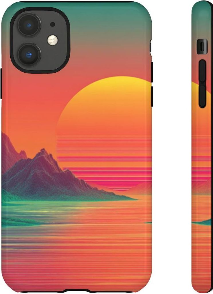 Neonfarbenes Sonnenuntergangs-Panorama mit Bergen und Meer – Hülle Kompatibel mit iPhone 11
