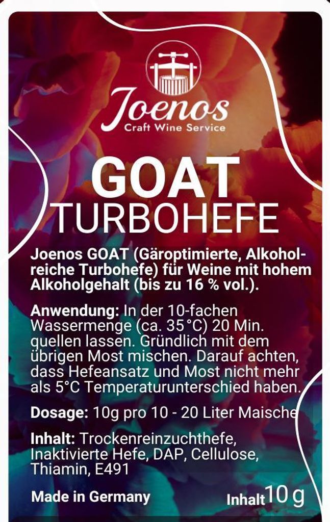 Joenos Trocken Hefe GOAT (Turbohefe) - Reinzuchthefe GOAT (GärungsOptimierte Alkoholreiche Trockenhefe) – Turbo-Alkoholpower‐Hefe 10 g
