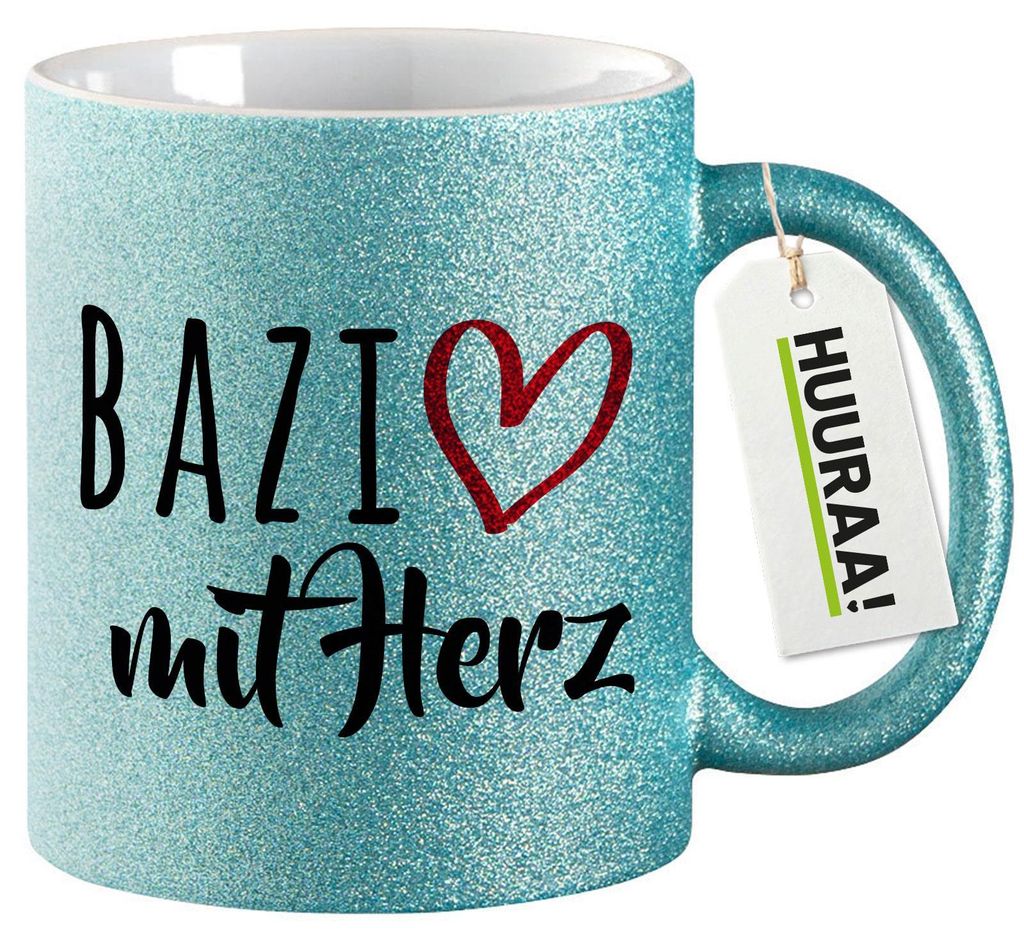Huuraa Glitzertasse Bazi mit Herz 330ml Blau Keramik Kaffeebecher Geschenkidee
