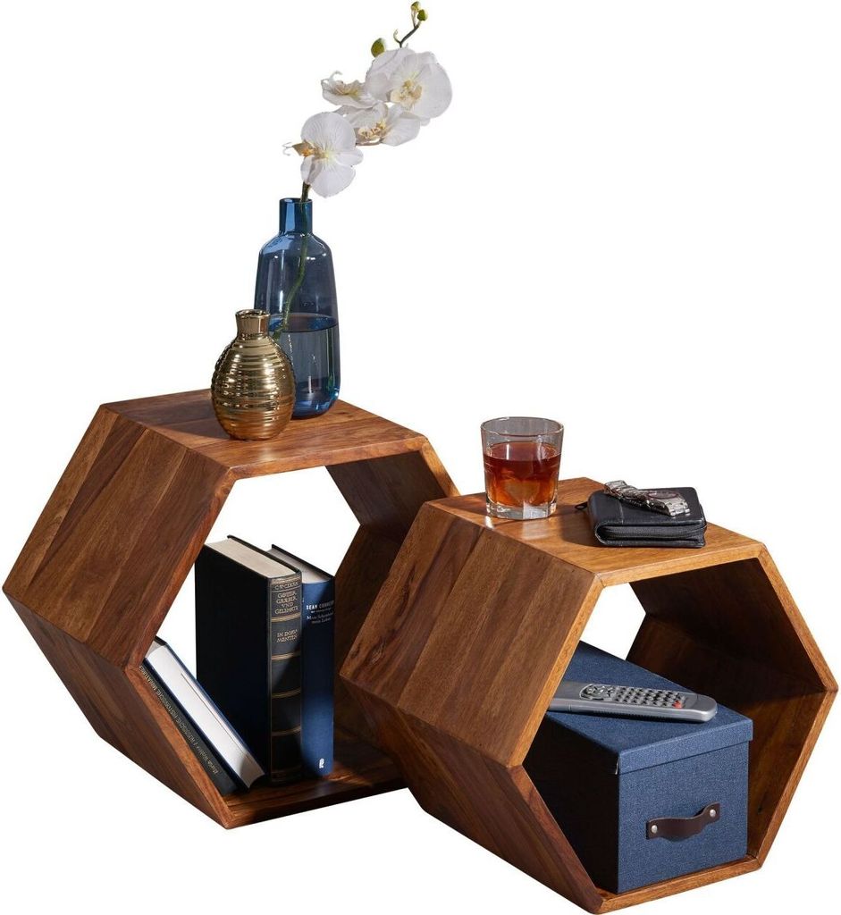 Beistelltisch 2er Set Sheesham Massivholz Design Wohnzimmertisch, Couchtisch-Set massiv, Designer Satztisch Wohnzimmer, Kleiner Sofatisch Holz, Abl...