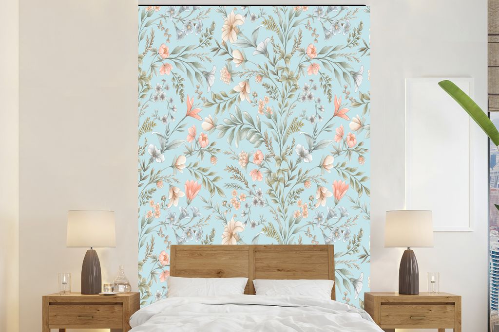 MuchoWow Fototapete für Wohnzimmer oder Schlafzimmer Wandtapete Vinyl Motivtapete Blumen - Frühling - Blau - 160x240 cm - Vinyltapete