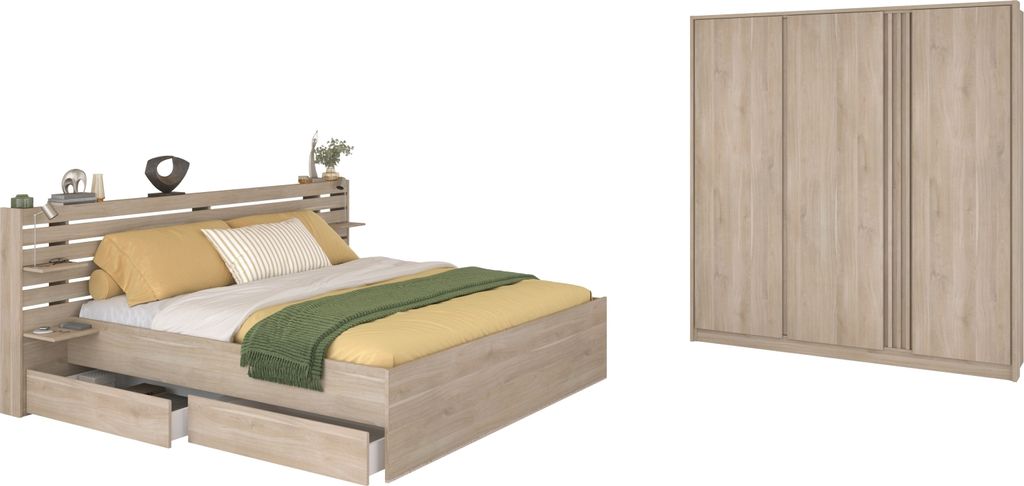 Schlafzimmer Set >Escale 23< Bett 203x217cm, Kleiderschrank, in Japanischer Eiche Nachbildung