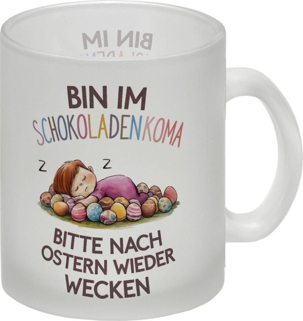 Schokoladenkoma Glas Tasse - Kind auf Schokoladeneiern