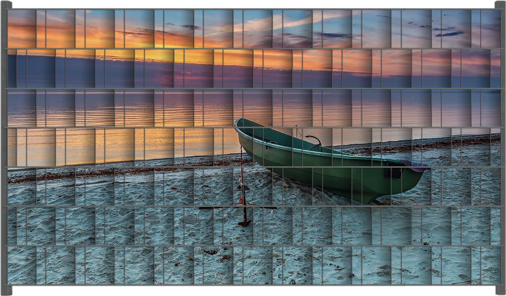 Wallario Zaunsichtschutz mit Motiv Einsames Fischerboot mit Anker am Strand für Ein- und Doppelstabmatten Zäune in der Größe 250 x 140 cm
