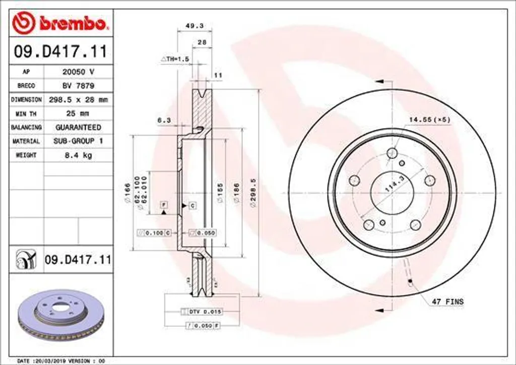 Brembo 09.D417.11 Disque de Frein OE 43512F4010 pour C-HR et Corolla