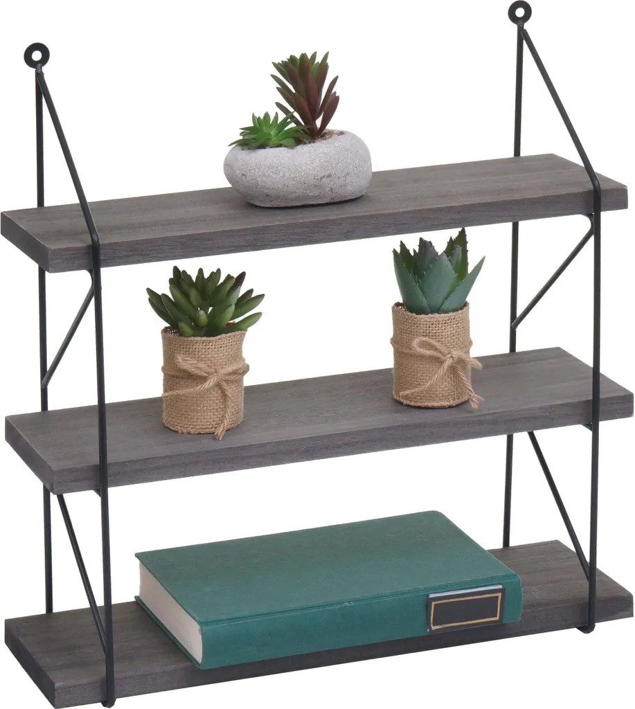 Étagère flottante style industriel avec 3 niveaux en métal et bois gris