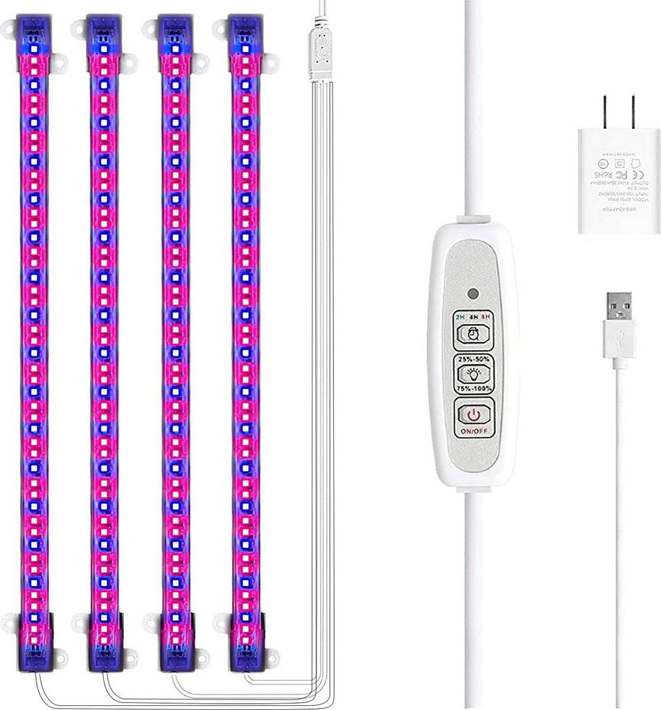 A set of four LED grow light bars with a controller and power adapter, arranged on a white background.