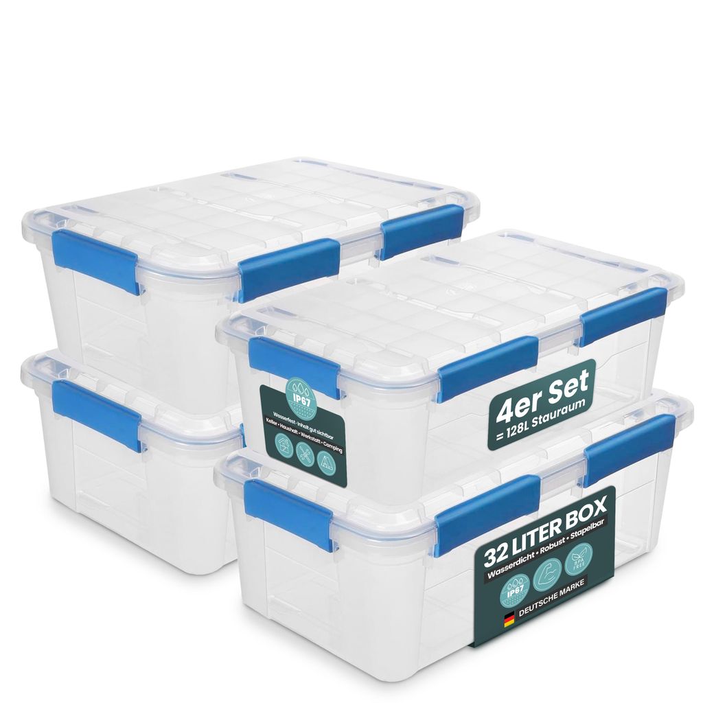 Kreher Aufbewahrungsbox 32 L mit Deckel - wasserdicht & staubdicht, transparent & stapelbar, BPA- & schadstofffrei, robuste Kunststoffbox (4 Stück)