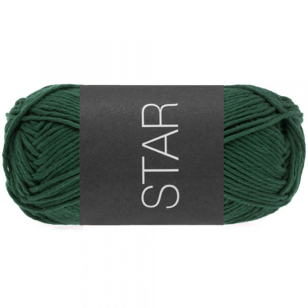 A ball of green yarn with a black label.