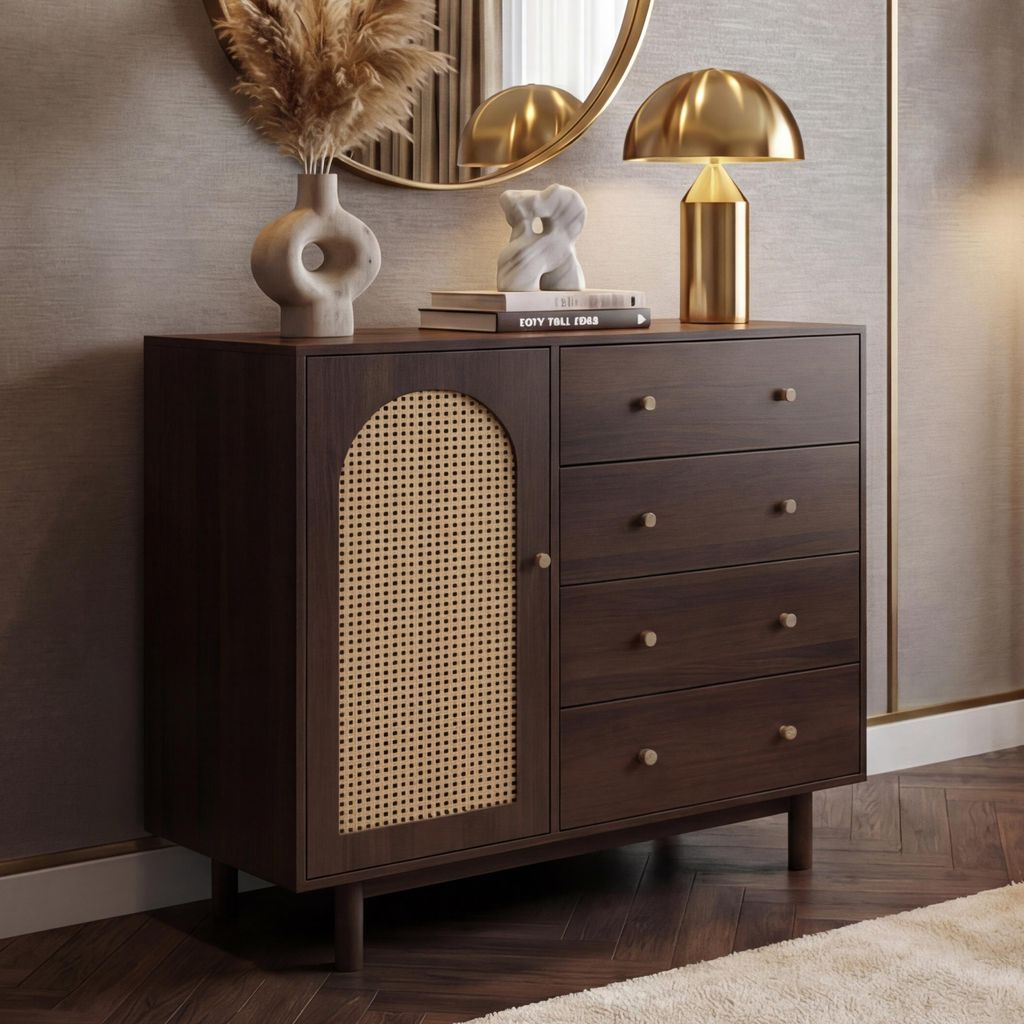 Kommode MCW-P52, Schrank Sideboard Highboard, Schubladen Staufächer, Poly-Rattan MDF Melamin 95x100x40cm Walnuss-Optik