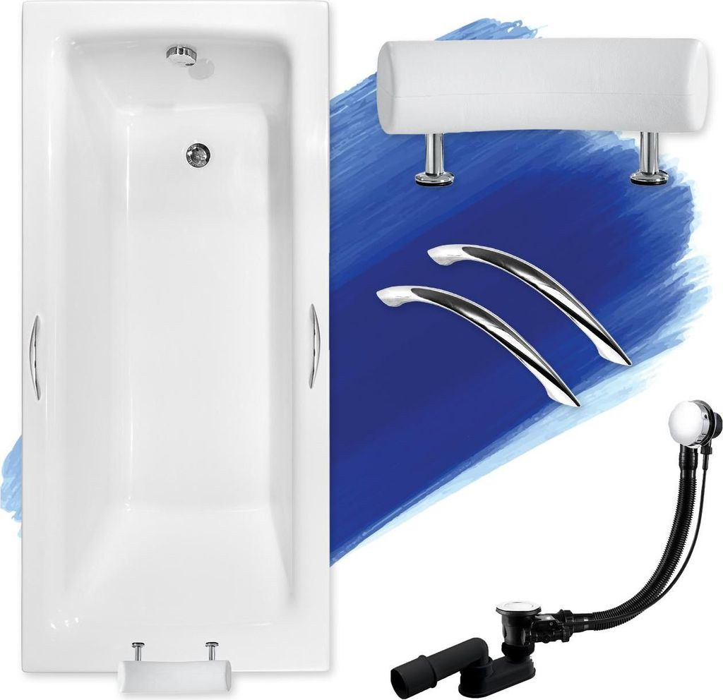 BADLAND Badewanne Rechteck Talia Premium 160x75 mit Ablaufgarnitur, Handgriffen, Kopfstütze, Füßen GRATIS ohne Verkleidung