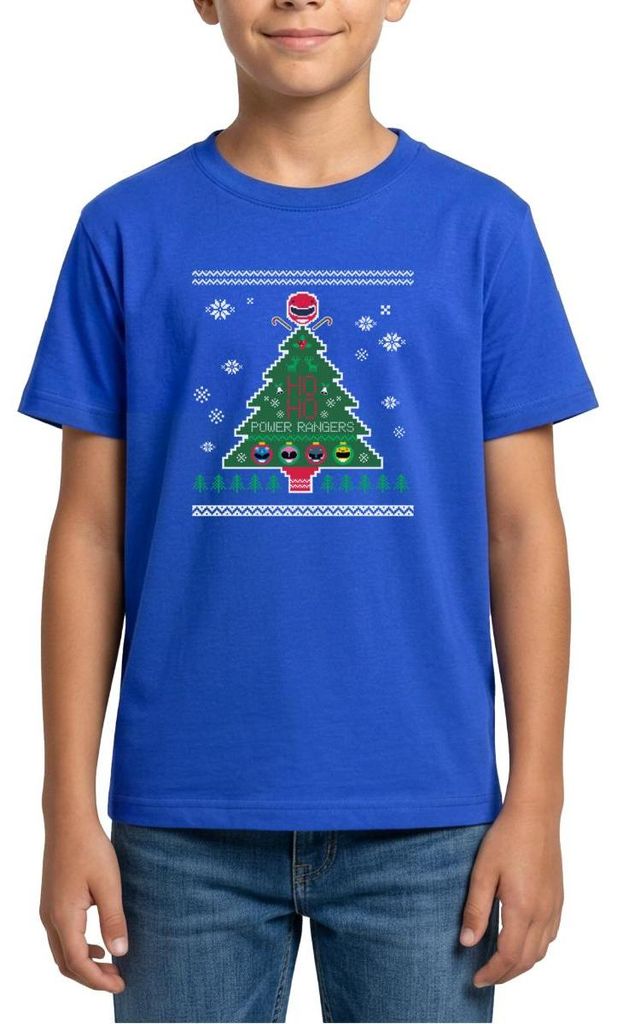 Spreadshirt Power Rangers Ugly Christmas Weihnachtsbaum Teenager T-Shirt, 134/146 (9-11 Jahre), Royalblau