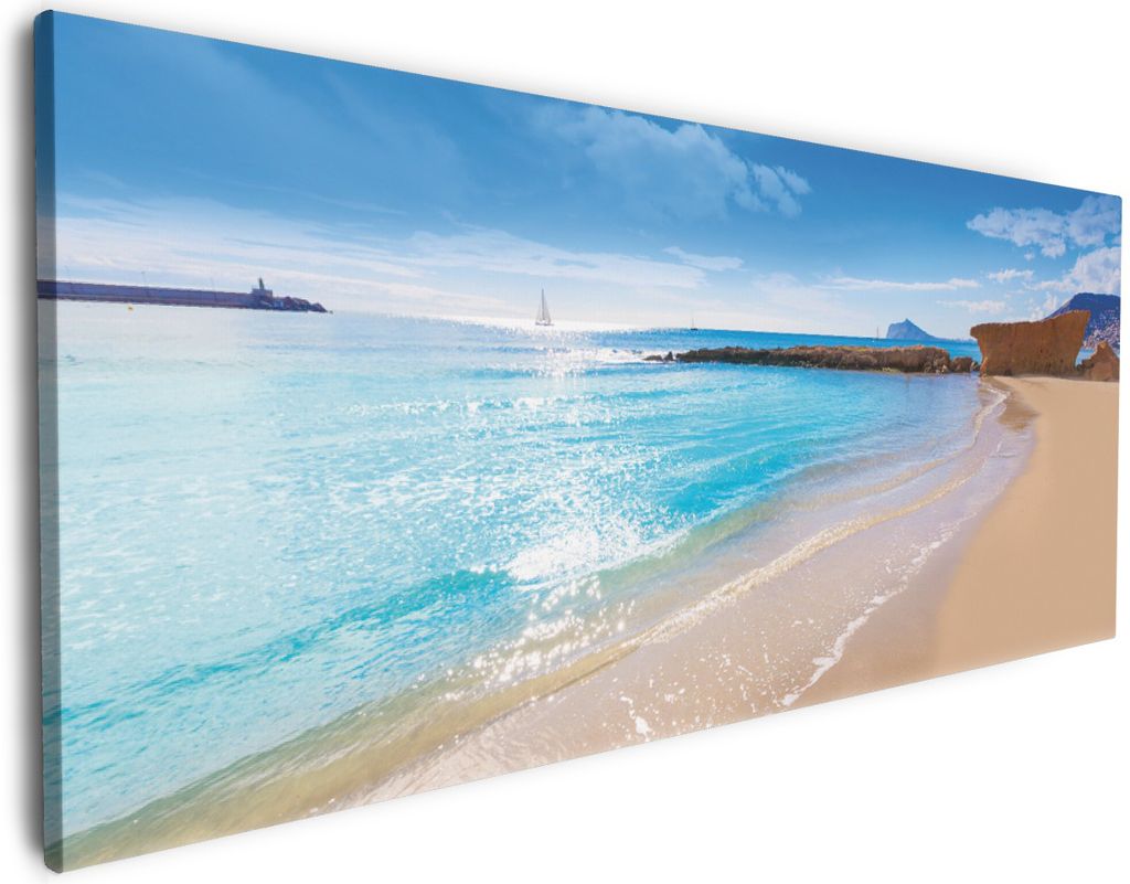 Wallario Premium Leinwandbild Traumstrand unter blauem Himmel in Größe 60 x 150 cm
