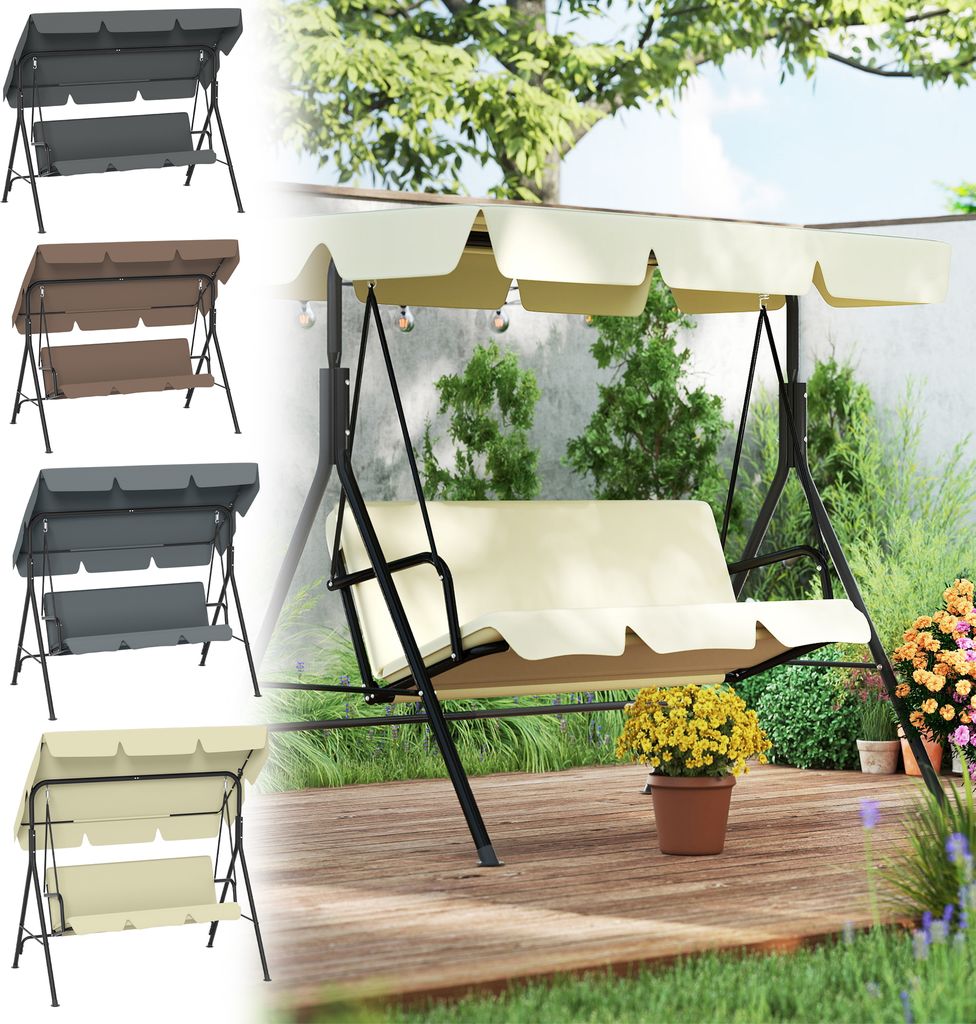 LARS360 Hollywoodschaukel Braun 175,5x110x152 cm, 3-Sitzer mit verstellbarem Sonnendach, komfortable Gartenschaukel bis 200 kg mit Kissen und Anti-...