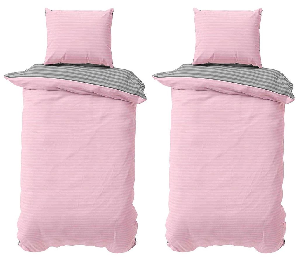 Baumwolle Bettwäsche 135x200 cm Rosa Grau gestreift Stripe Produktbild 