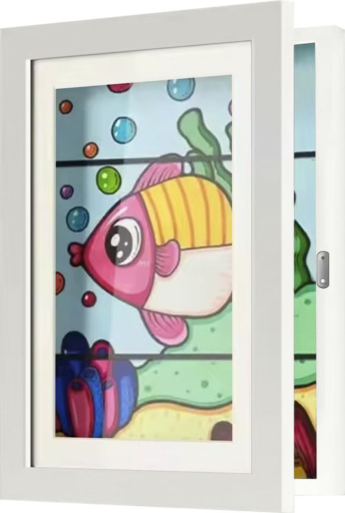 A white picture frame with a colorful cartoon drawing of a fish inside, displayed on a white background.