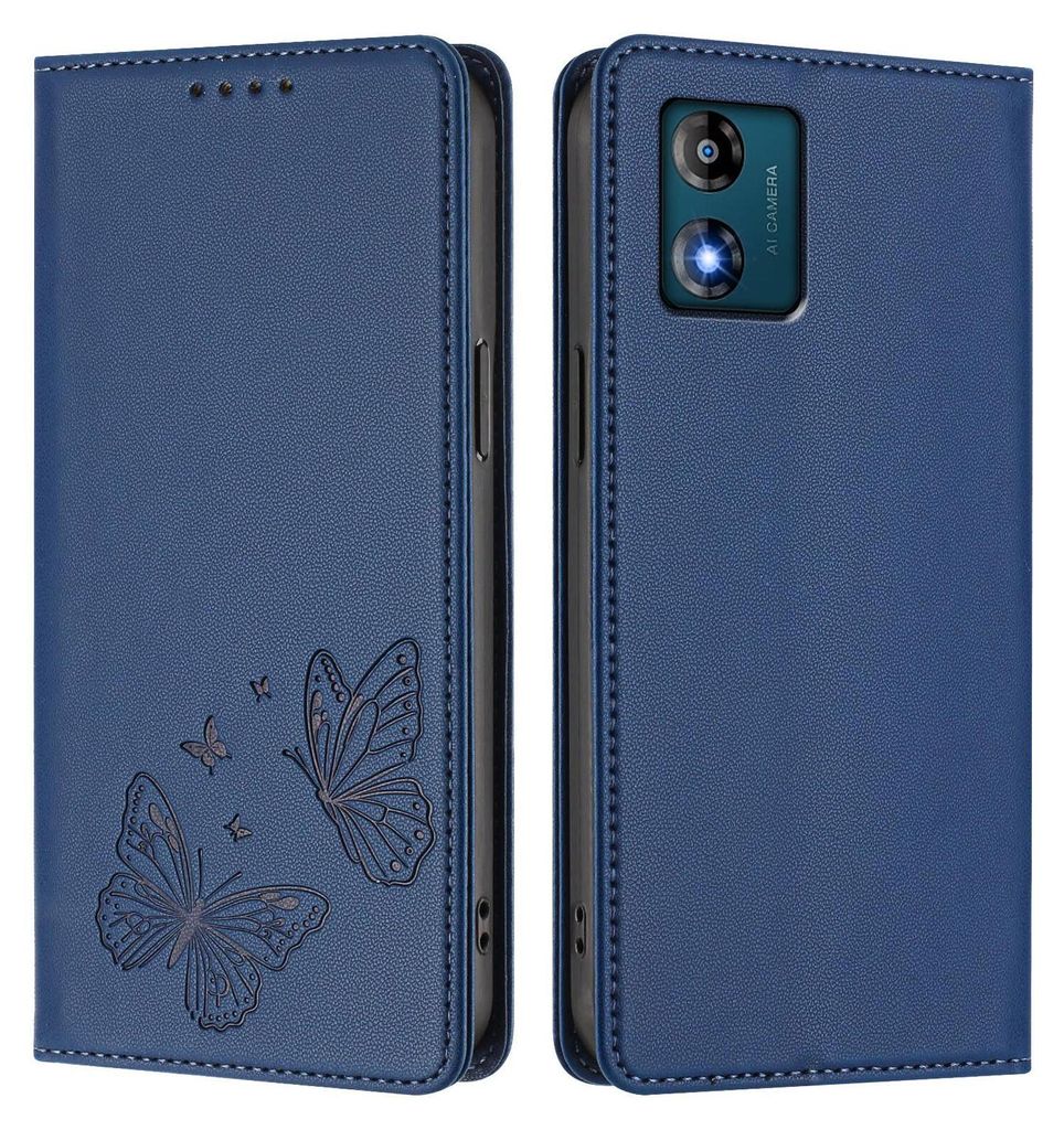 Lederhülle für Motorola Moto E13, Schmetterling Prägung Leder Brieftasche Schutzhülle mit Ständer Dunkelblau