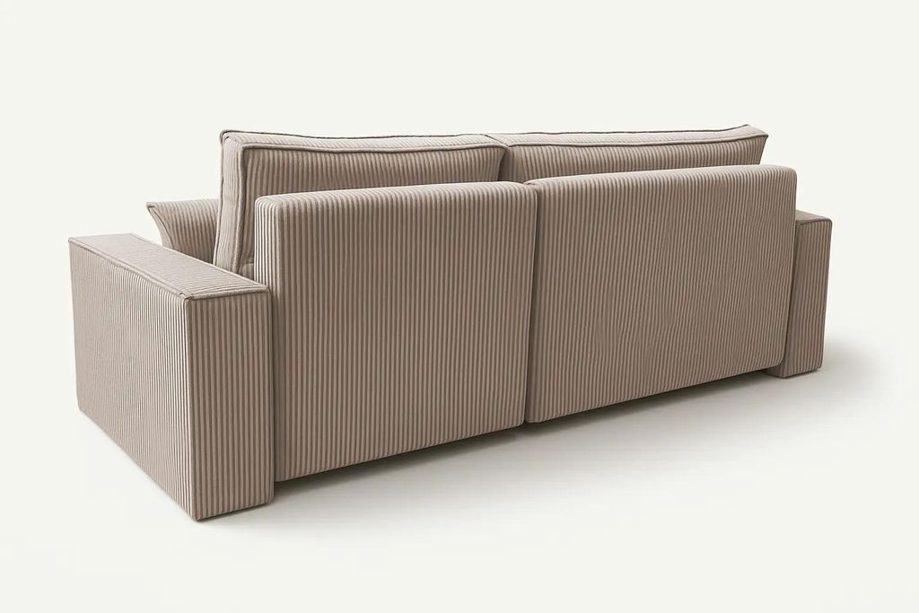 A beige sectional sofa is shown from a rear-side angle against a white background.