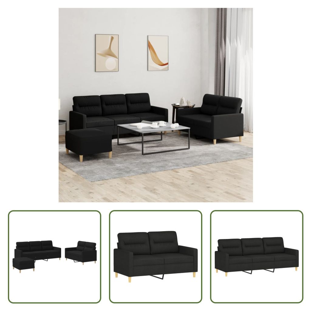 The Living Store 3-tlg. Sofagarnitur mit Kissen Schwarz Stoff