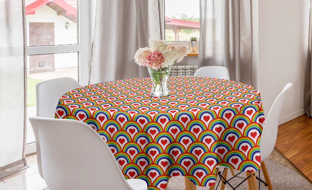 ABAKUHAUS Regenbogen Runde Tischdecke, Maßstab Runden und Herzen, Kreis Tischdecke Abdeckung für Esszimmer Küche Dekoration, 150 cm, Vermilion M...