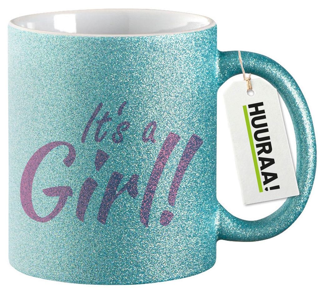 Huuraa Glitzertasse It`s a Girl! Schriftzug 330ml Blau Keramik Kaffeebecher Geschenkidee