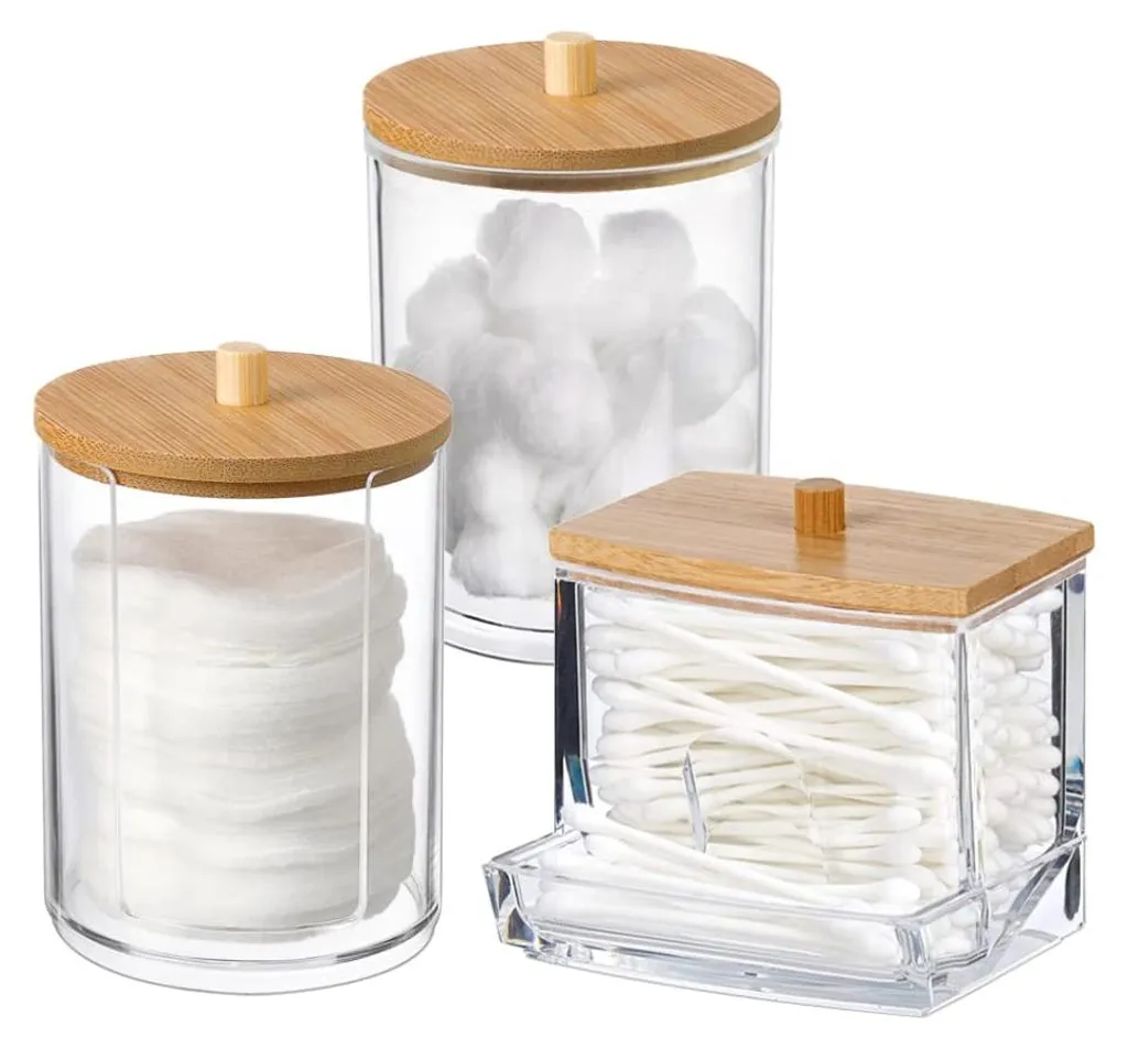Lot de 3 Porte-Coton-Tiges en Acrylique avec Couvercle en Bambou Naturel