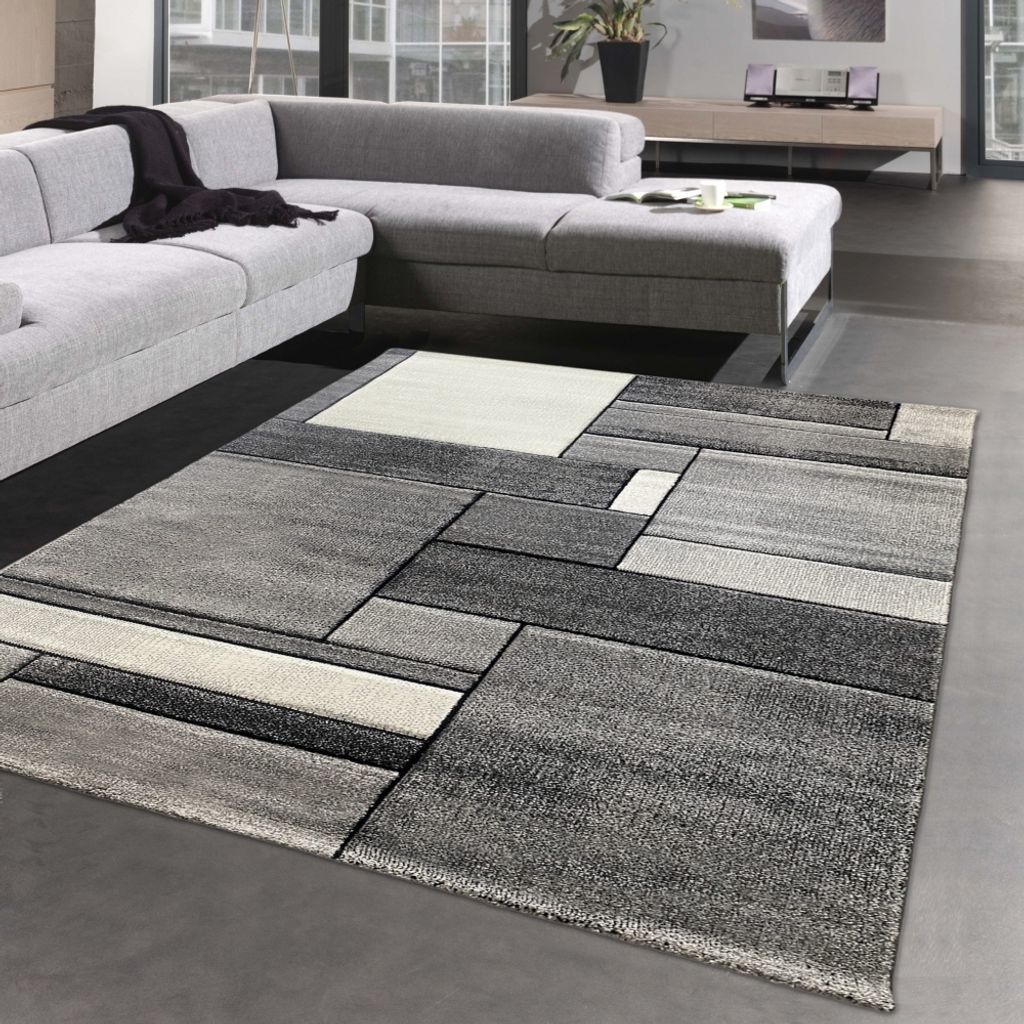 Modern abstrakter Designerteppich mit Rechtecken in grau Produktbild 