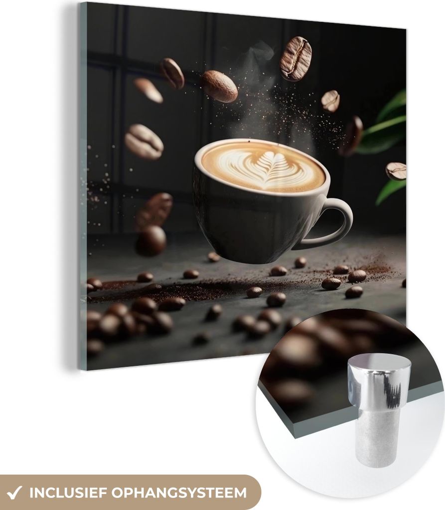 MuchoWow Glasbilder - Bilder auf Wandbild - Foto auf Glas Cappuccino - Tasse - Bohnen - Braun 40x40 cm Wanddekoration aus Glas - Acrylglasbild - Ac...