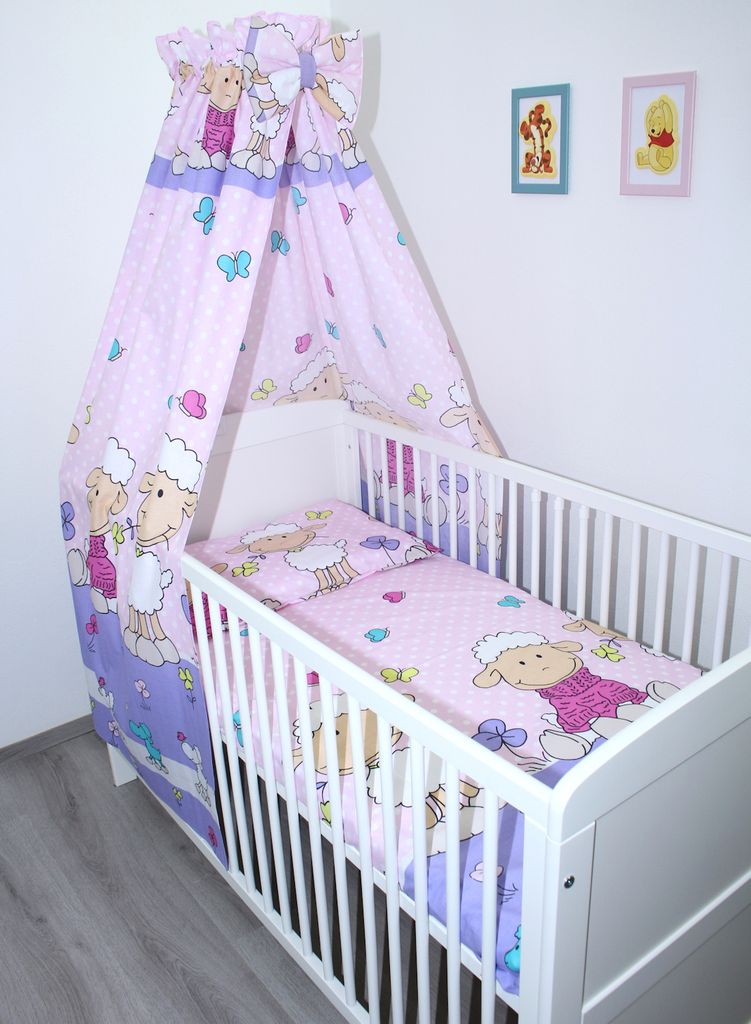 4 teiliges Baby Bettset Bettwäsche mit Himmel Vollstoff - Bettausstattung - ON- 20. Schaf Rosa