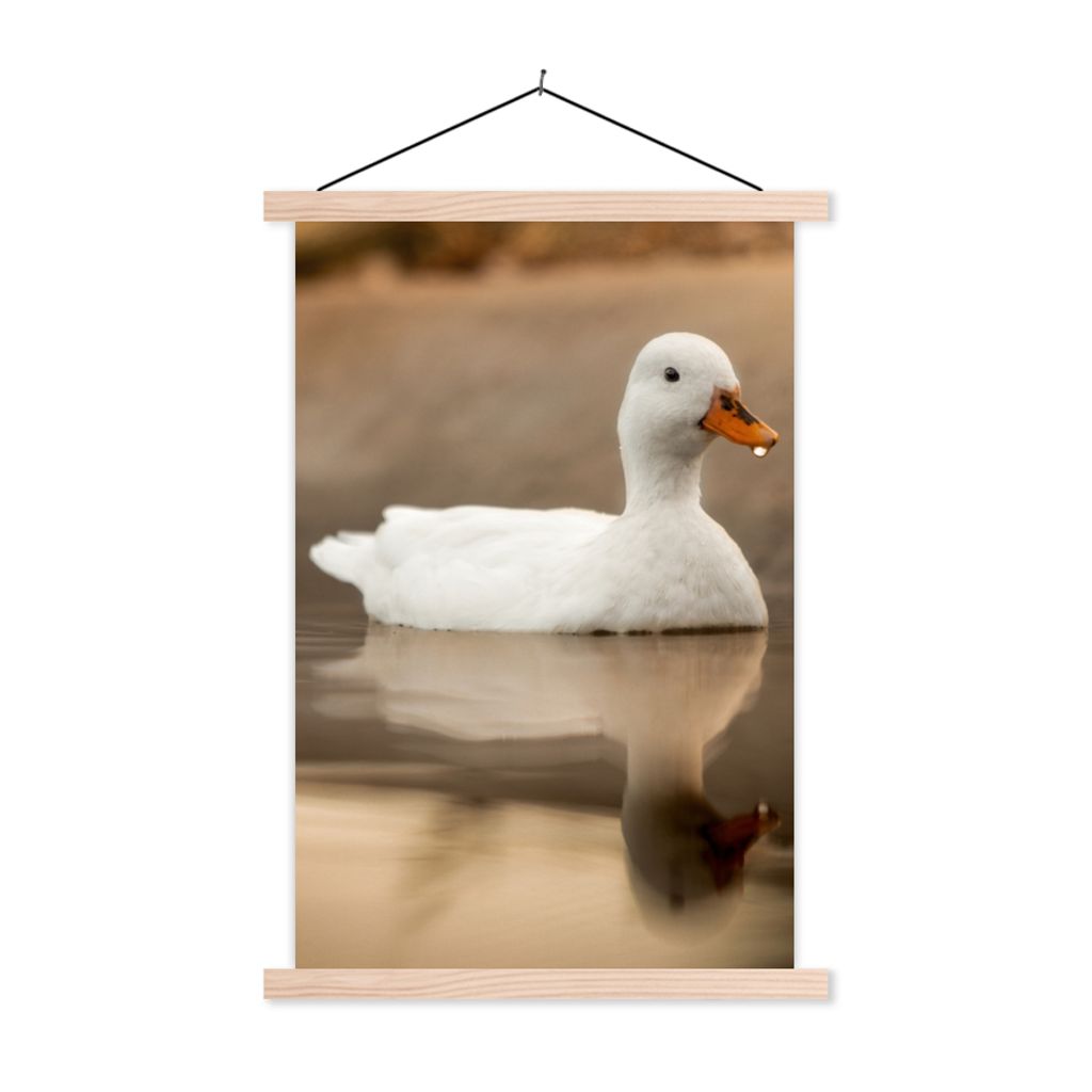 MuchoWow Textilposter Ente - Vogel - Wasser - Weiß 60x90 cm mit holzfarbenen Rahmen - Textil