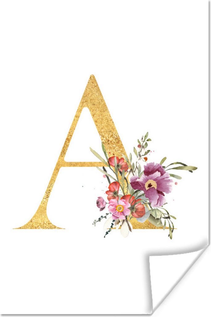 MuchoWow Poster Blumen - Buchstabe - Gold 40x60 cm - Plakate für die Wand - Poster Babyzimmer
