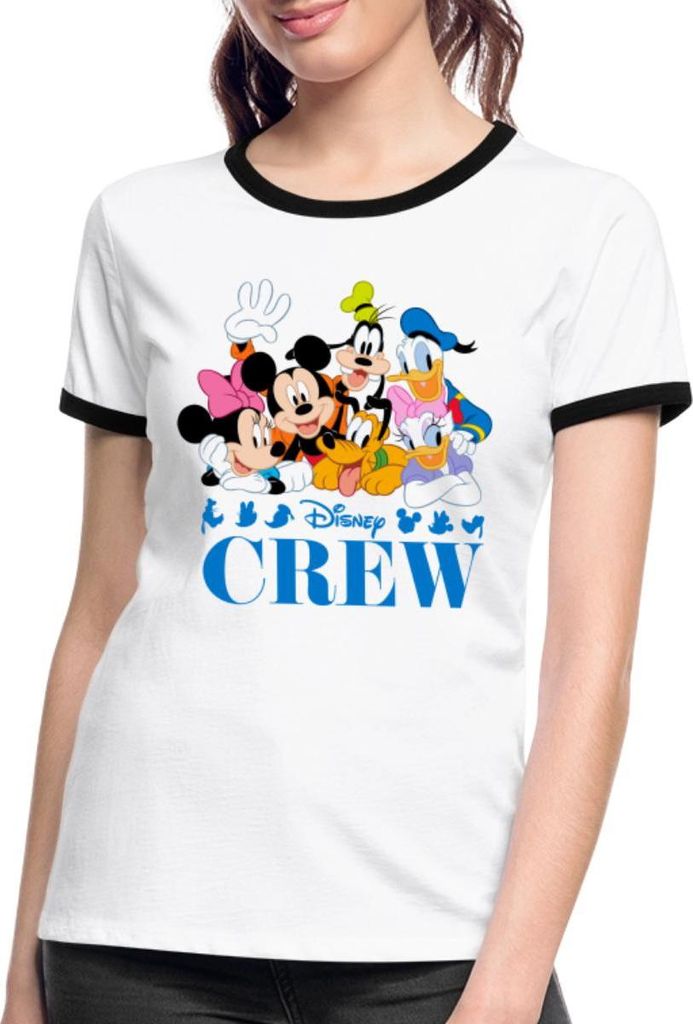 Mickey & Minnie Pluto Goofy Daisy Donald Crew Frauen Kontrast T-Shirt, L, Weiß/Schwarz