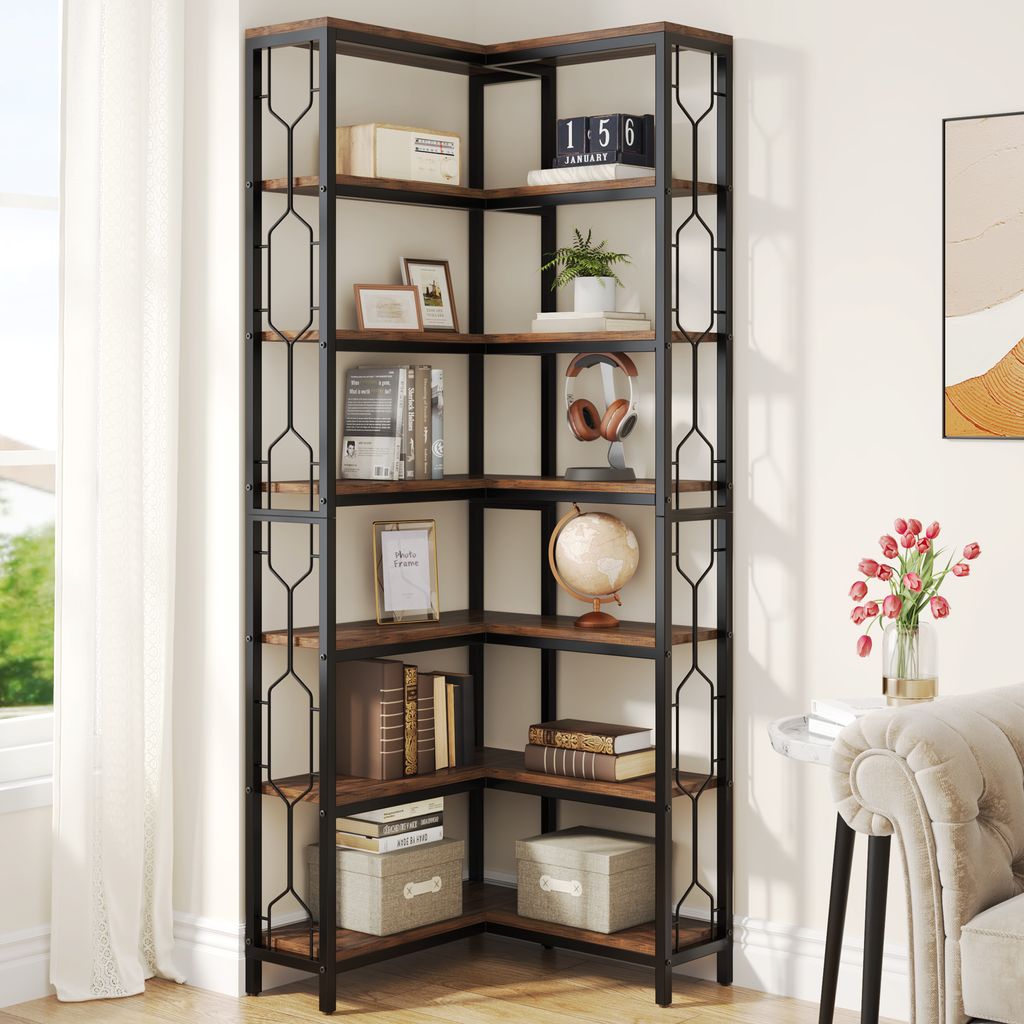 Tribesigns Eck-Bücherregal, 7-stöckiges Industrielles Eckregal, Holz und Metall Ecke Etagere Bücherregal, Freistehendes Lagerregal, Rustikales B...