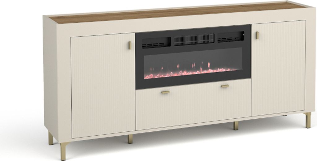 Minio, Kommode "ASSO 7", mit LED-Feuerstelle, blaue LED, 177 cm, Kashmire Farbe / Whisky Eiche