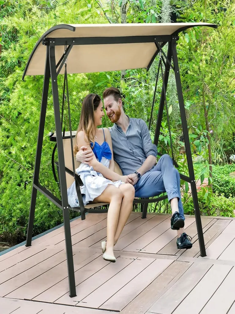 Balançoire de jardin avec toit ajustable et banc 2 places beige chic - 7