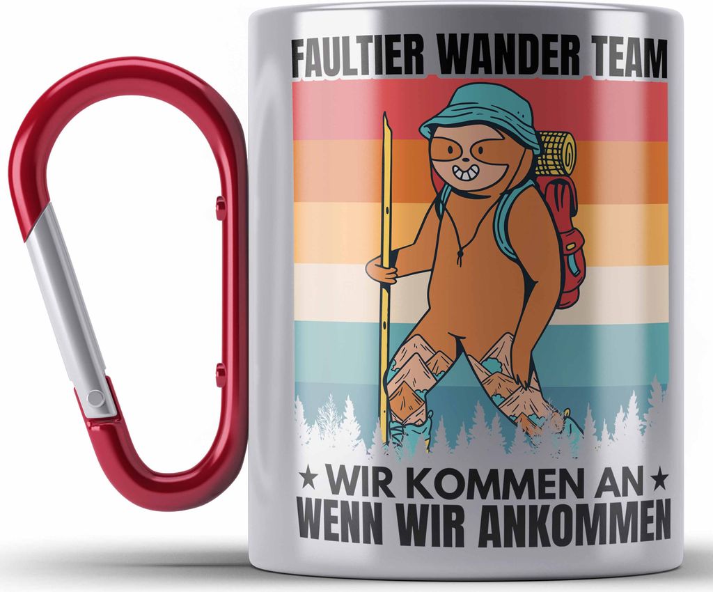 Trendation - Faultier Edelstahl Tasse Karabiner Geschenk Faultier Wander Team Gessch Wander Geschenke (Rot)