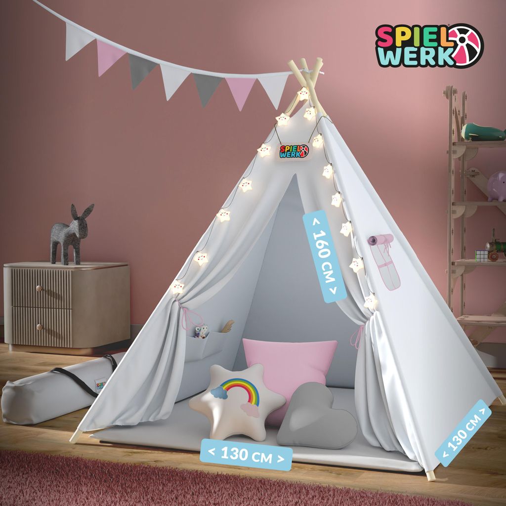 Spielwerk Tipi Enfant Rose avec Coussins & Guirlande Image du produit 